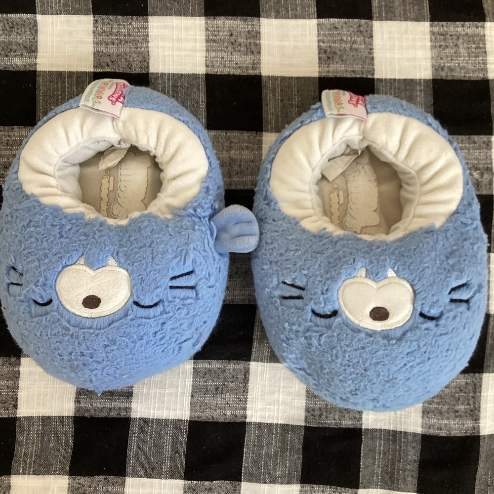 Blue Plush Slippers with Cute Face Design